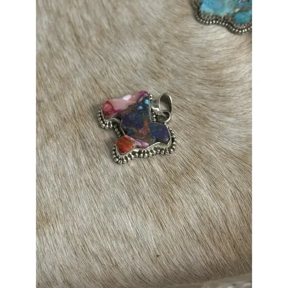 Native American Sterling Silver SW Pink Dahlia Turquoise Cow Sheep Bull Pendant